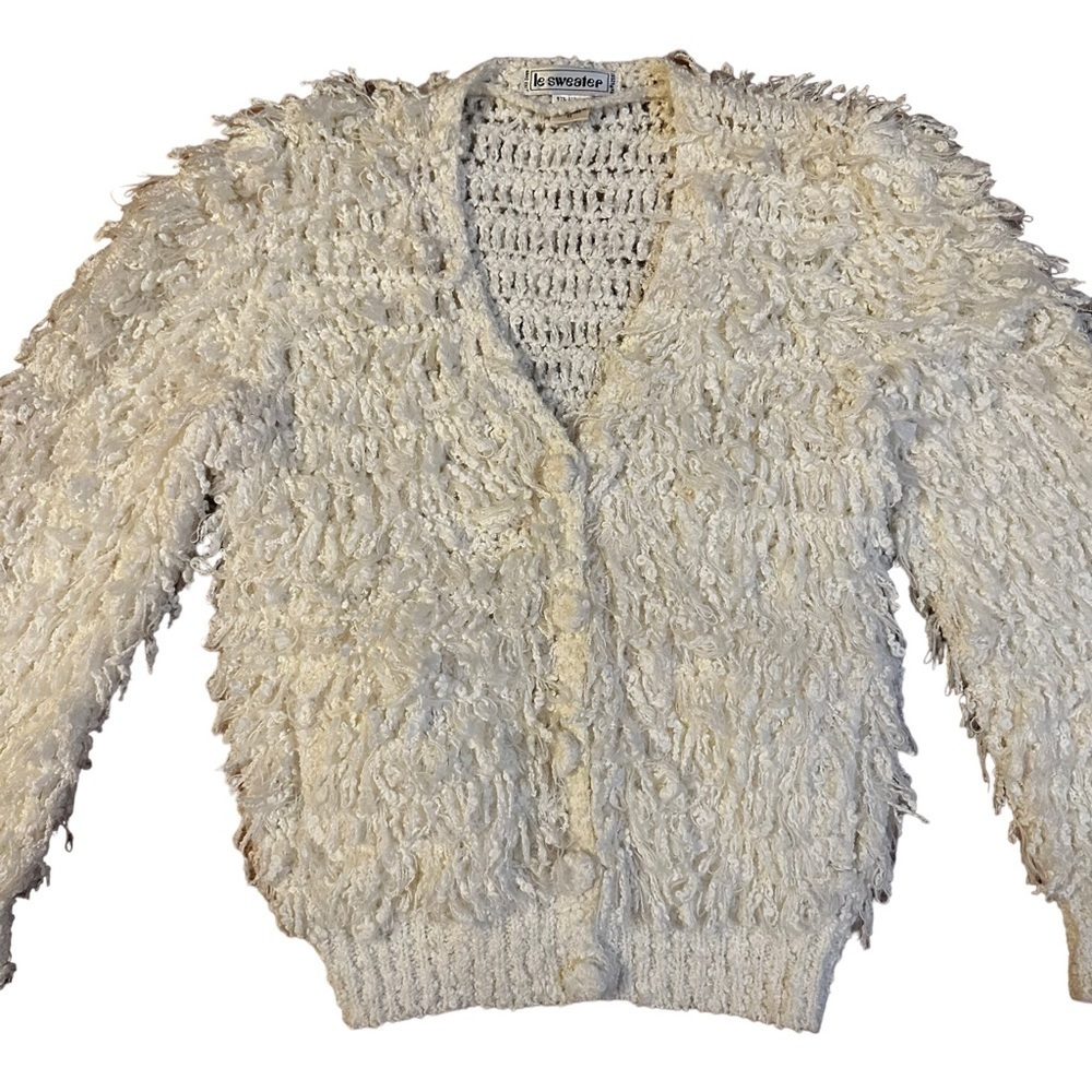 1960s Vintage Le Sweater White Shag Cardigan Size Small - Picture 2 of 5